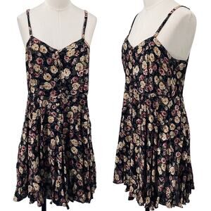 Vintage 90s Floral Print Skater Mini Dress Button Front Black Cream Womens Small